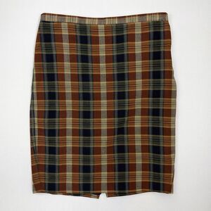 Polo Ralph Lauren Plaid Pencil Skirt Brown Navy Size 12 Preppy Cotton Classic
